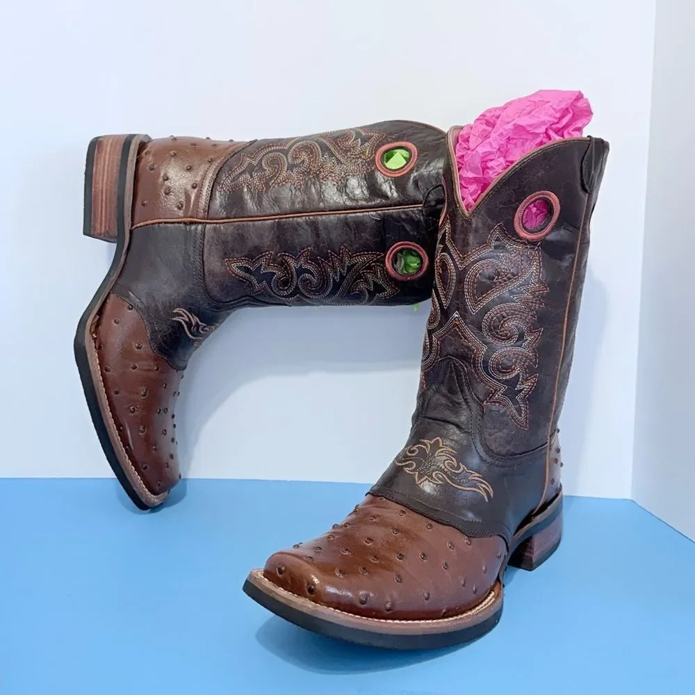JNV Western Wear Men’s Leather Square Toe Ostrich Print Rodeo Boots Size 11